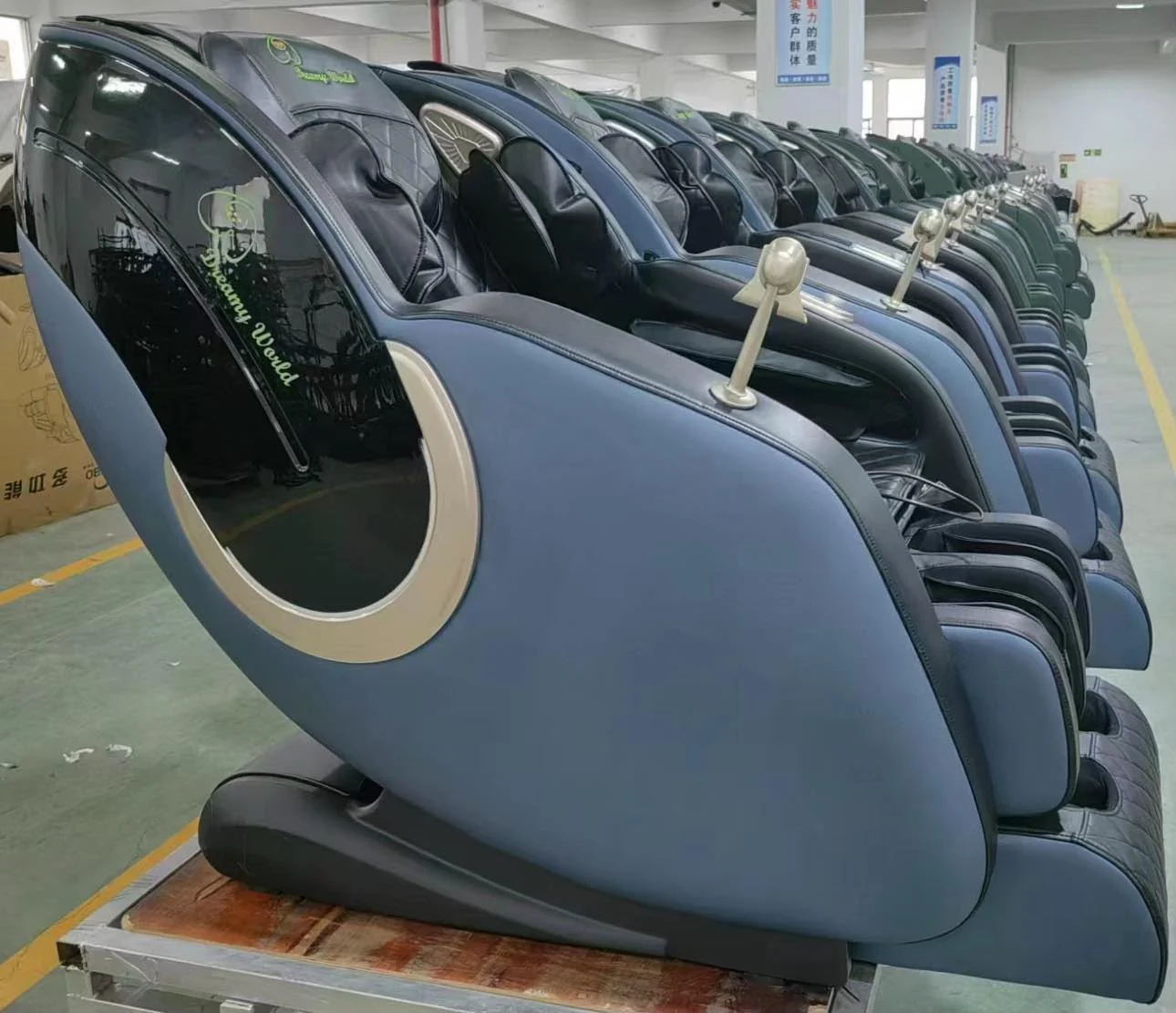 Dreamy World massage chairs on the production line at the factory that builds them