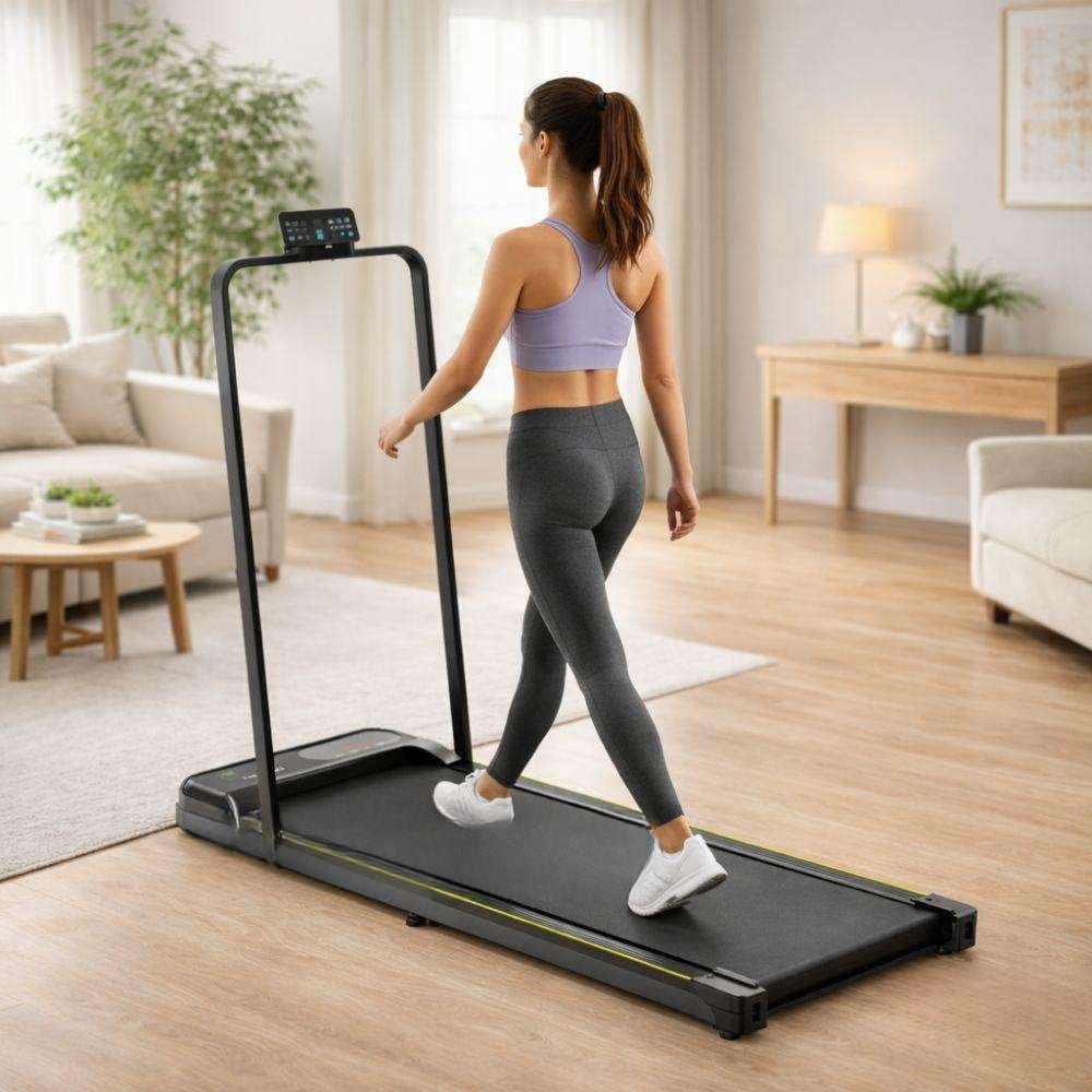 A person walking on the Dreamy World walking pad in a bright living room